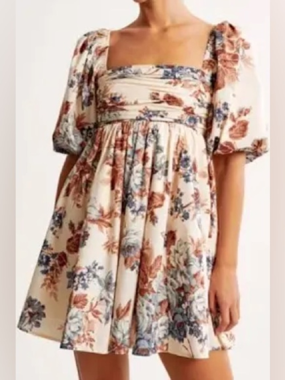 Abercrombie & Fitch Emerson Cream Floral Puff-Sleeve Mini Dress